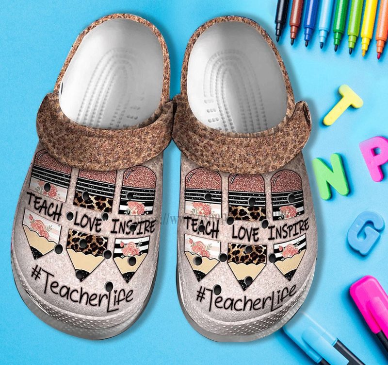 Teacher Life Love Inspire Shoes For Wife Mother Day- Teacher Pencil Twinkle Leopard Shoes Croc Clogs Customize