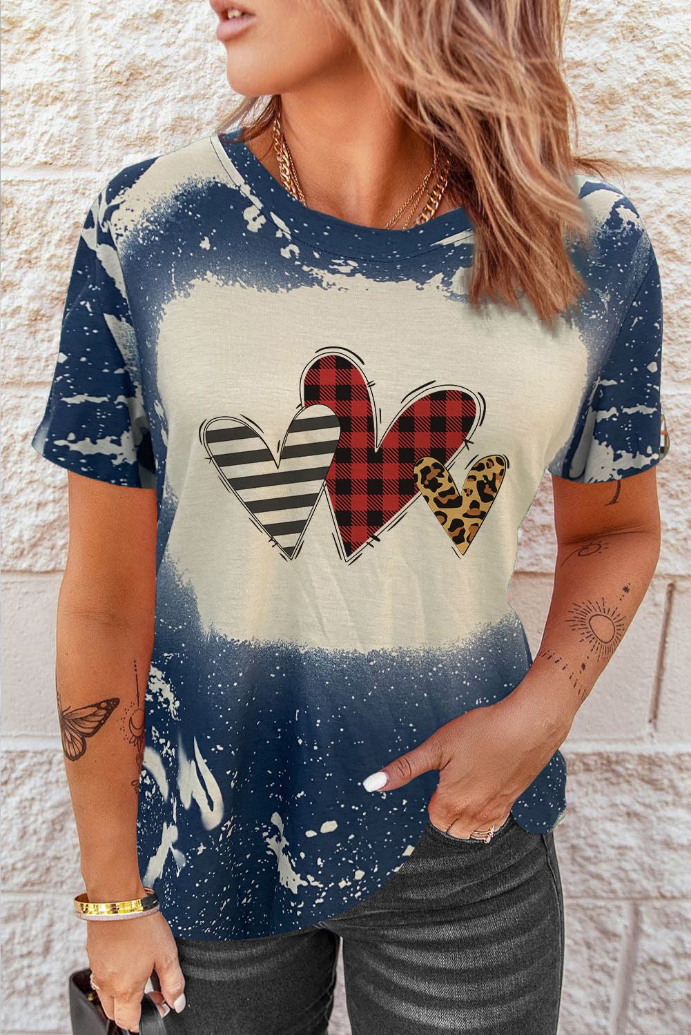 Plaid Leopard Striped Heart Casual T-Shirt Blue