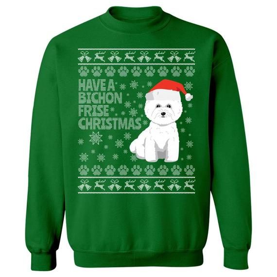 Unisex Bichon Frise Ugly Christmas Sweatshirt Holiday Gift for Men Women Dog Owners Red or Green Bichon Frise with Cute Santa Hat