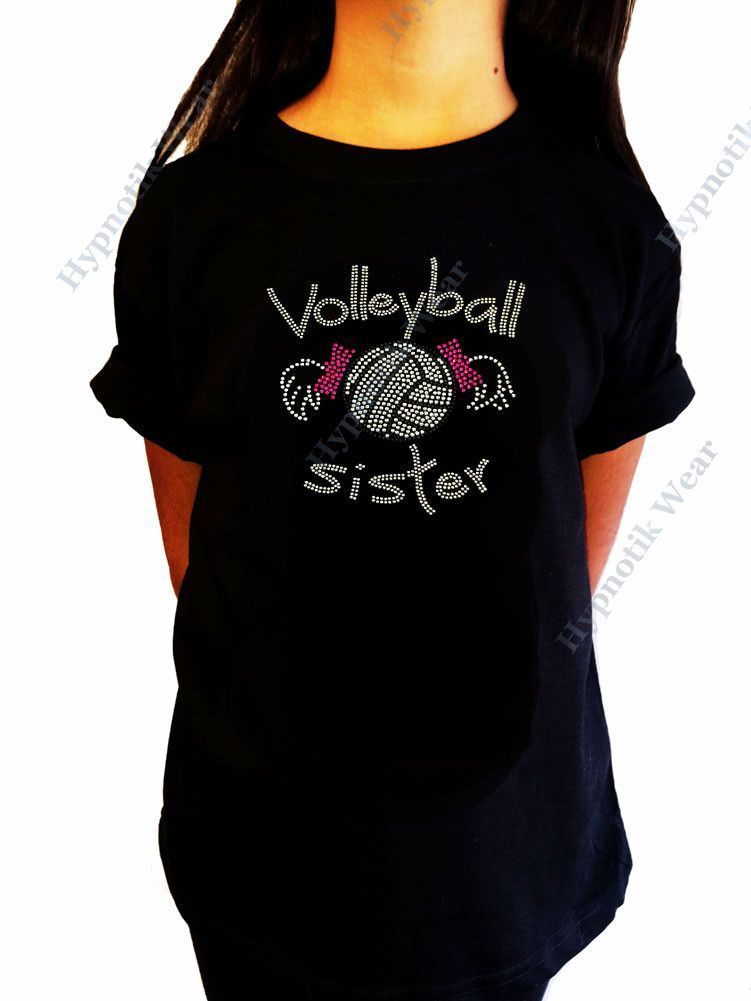 Girls Rhinestone Shirt Volleyball Sister W Pigtails S 3 To 14 Available Shirt