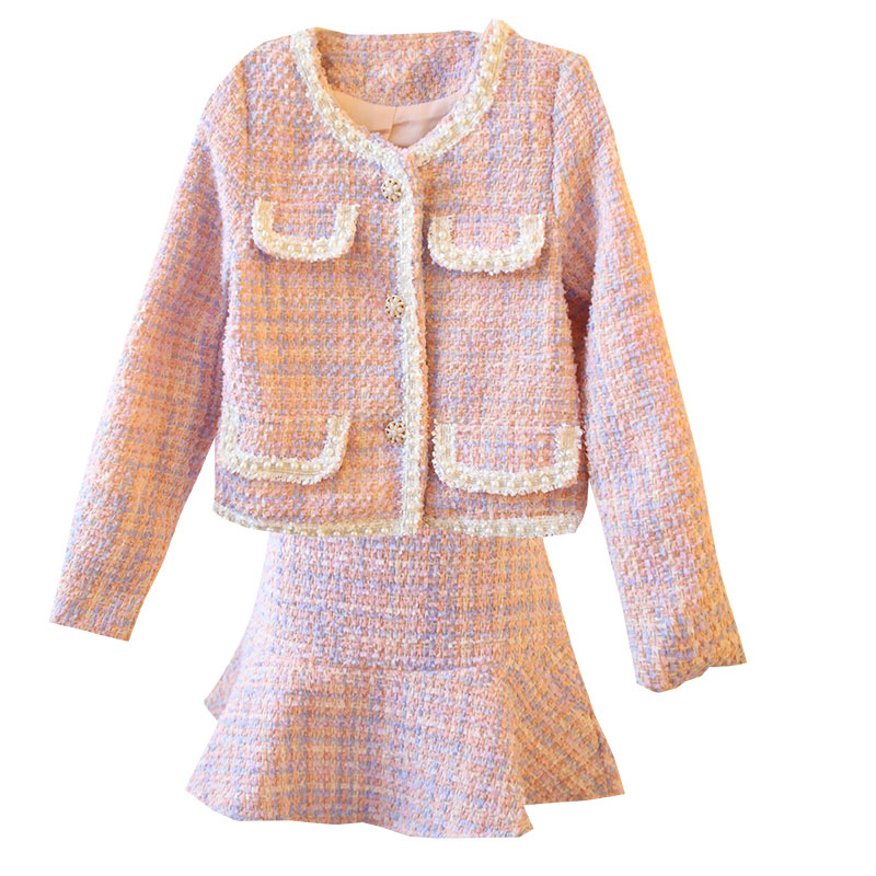 Small Fragrance Sweet Pink Plaid Tweed Two Piece Set Women Crop Top Beading Pearls Short Jacket Coat + Ruffles Mini Skirt Suit alx