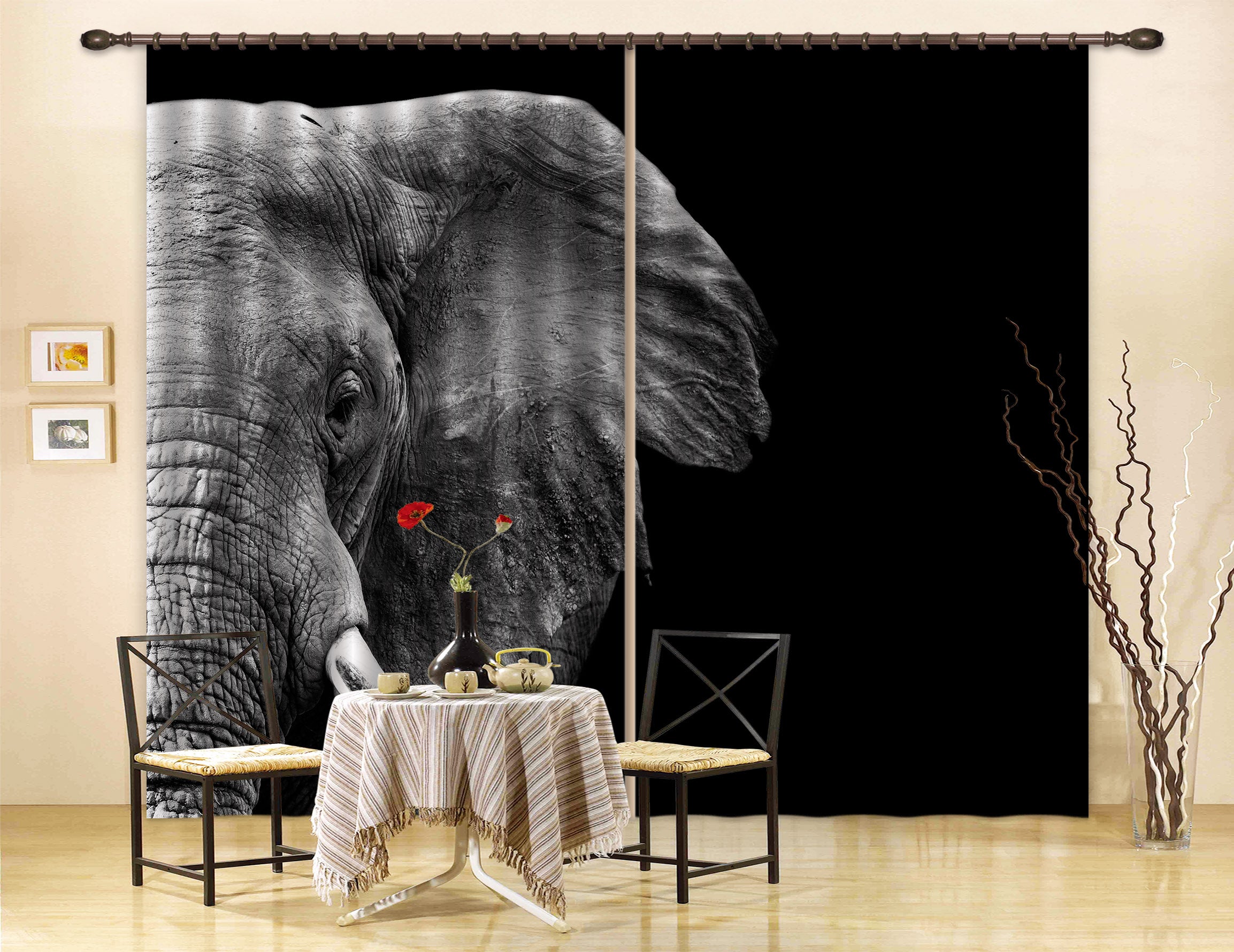 3D Elephant Black Curtains And Drapes A120