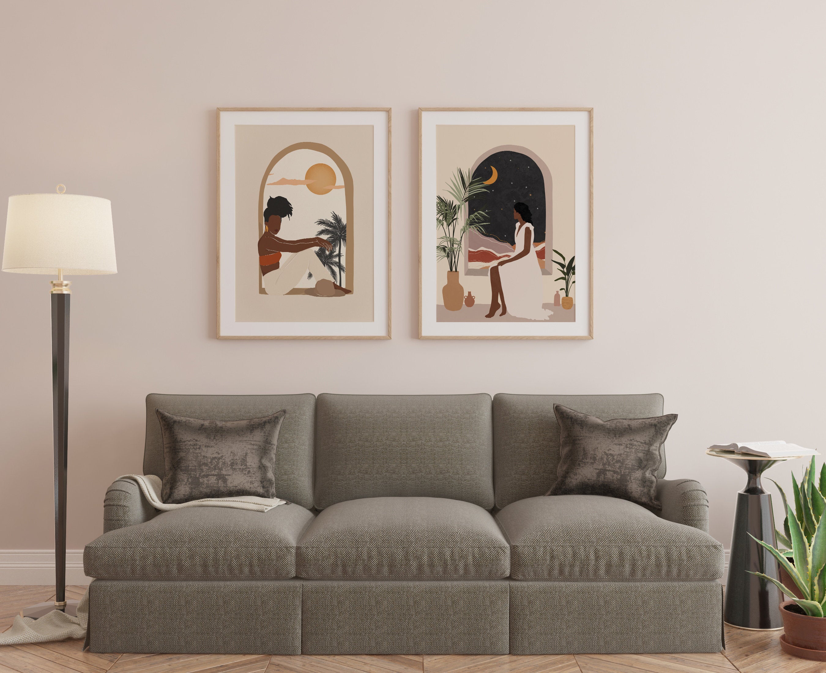 Set Of 2 Posters | Sun And Moon Art, Black Woman Art, Black Art, African Art, African American Art, Woman Poster.