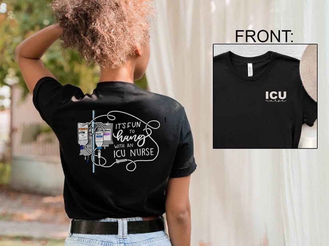 Hang with an ICU Nurse Design on Back T-Shirt Minimalist Left Chest Cute Micu Sicu Cvicu Neuro CCU RN Gift Nursing Squad Nurses Week