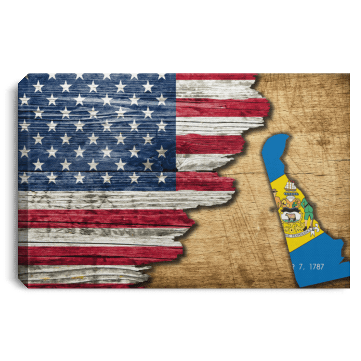 United States/Delaware Flag Ripped Effect 24X16 Inches  Landscape Canvas .75In Frame