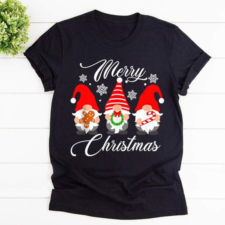 Christmas merry christmas santa claus garden gnome snow candy cane black cotton t shirt for men and women S-6XL