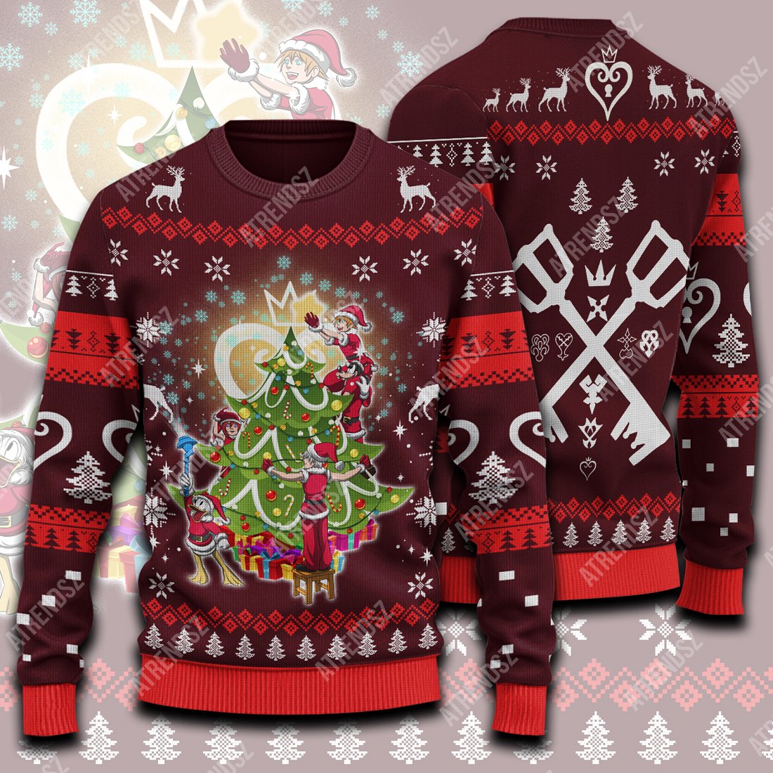 Unifinz Kingdom Hearts Ugly Sweater Sora Riku Kairi Donaldd Decorate Christmas Tree Dark Red Sweater 2022