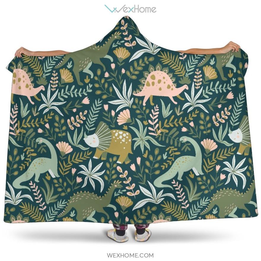 Dinosaurs Tropical Leaves Flower Pattern Hooded Blanket