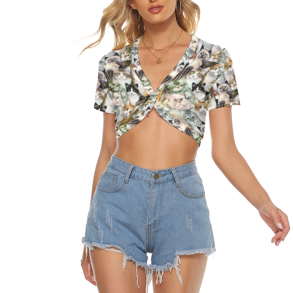 All Over Print Cute Kitten Knotted Crop Top