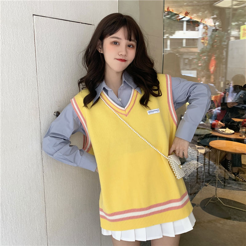 Sweater Vest Women Patchwork V-neck Popular Casual Simple Sweet Girls Korean Harajuku Stylish Daily Soft Elegant Female Chic BF alx