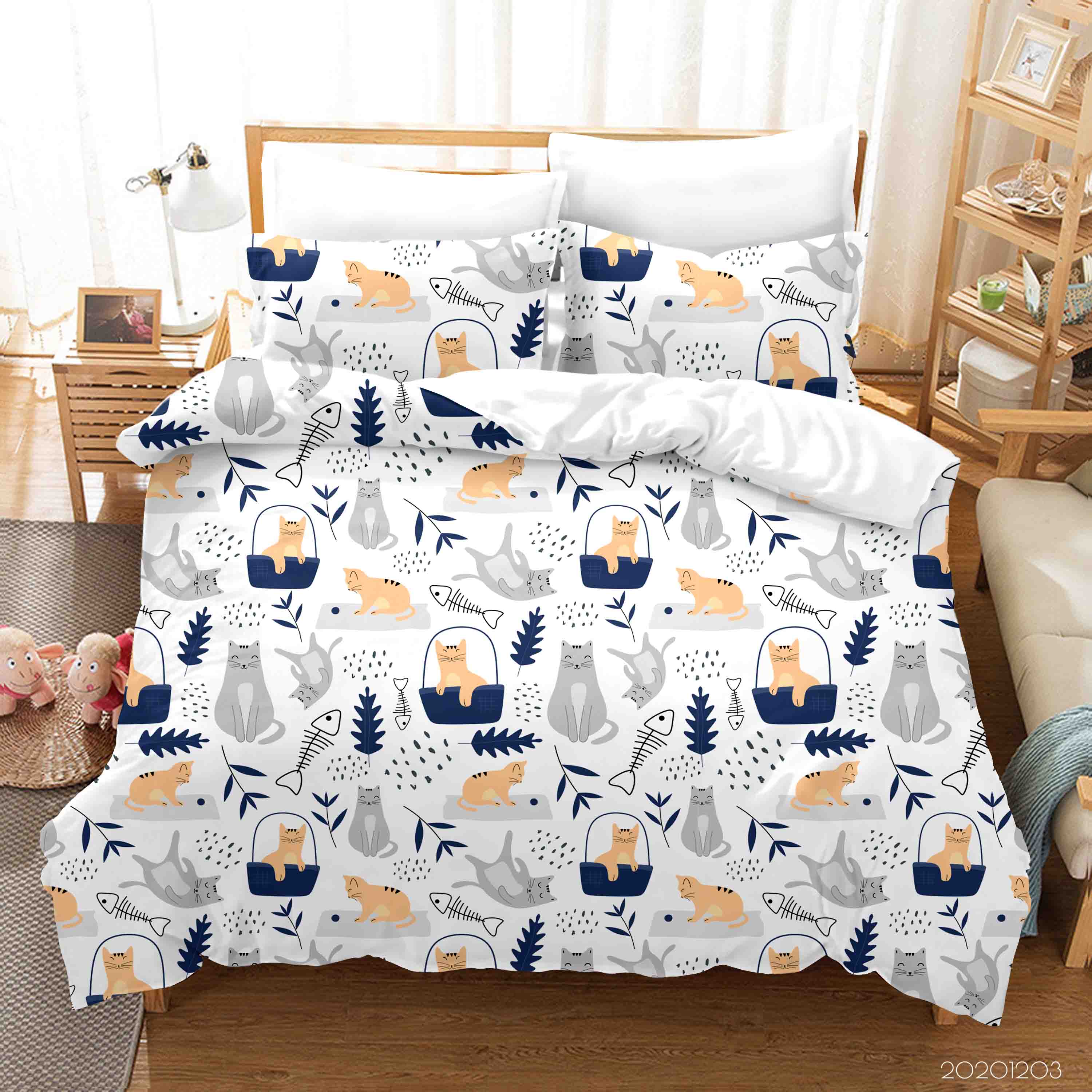 3D Cartoon Hand Drawn Cat Animal Tree Plant Quilt Cover Set Bedding Set Duvet Cover Pillowcases Lxl