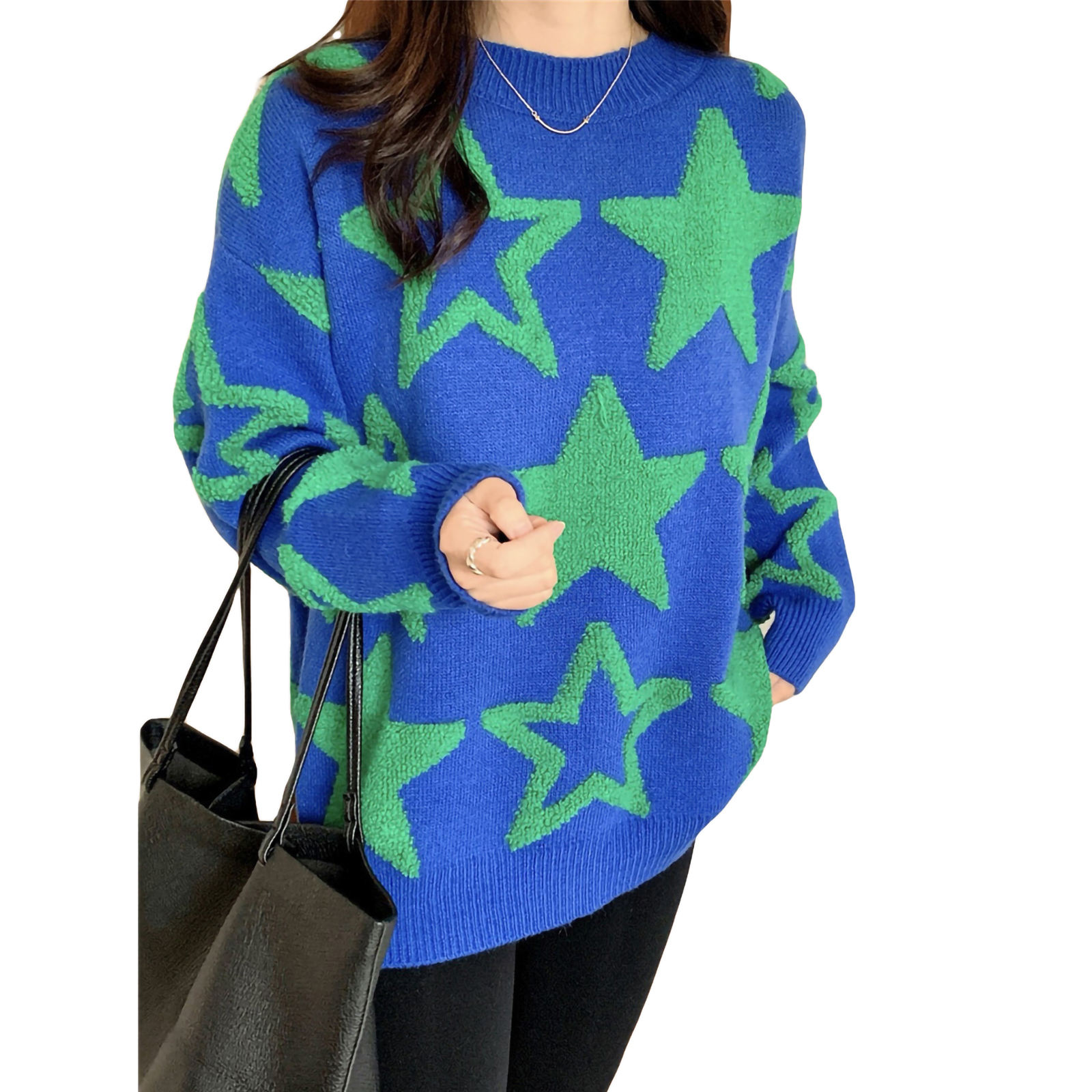 Women s Sweaters Crewneck Long-Sleeve Vintage Star Lightweight Patchwork Pullover Knit Sweater Tops Casual Blouses alx