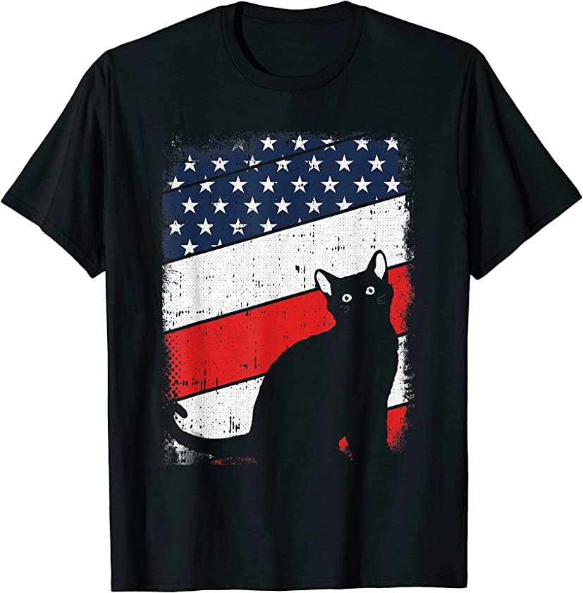 Cat Silhouette 4th Of July American Flag Patriotic Kitten T-Shirt