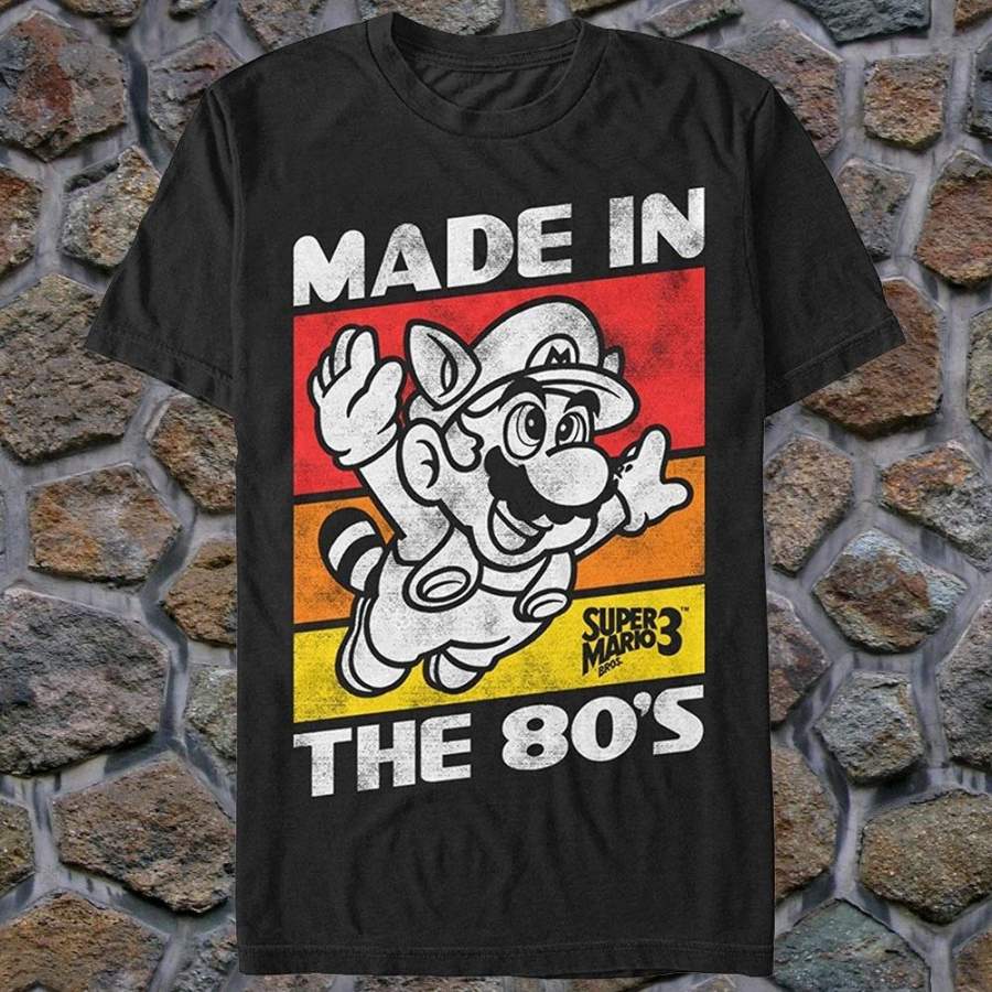 Raccoon Mario Made in the 80s Mens Graphic T Shirt Short Sleeve Classical Round Collar Tops Black