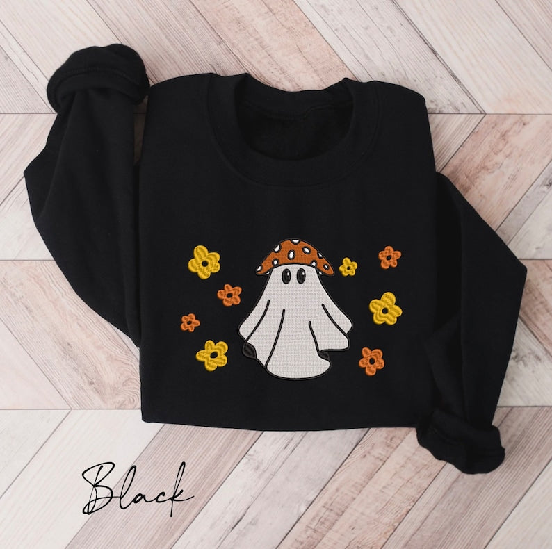 Mushroom Ghost Embroidered Halloween Sweatshirt Crewneck Sweatshirt All Over Print Sweatshirt For Women Sweatshirt For Men Sws2663