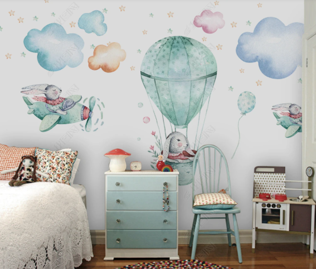 3D Hand Drawn Cartoon Animal Rabbit Hot Air Balloon Airplane Cloud Star Wall Mural Wallpaper Lll 2853