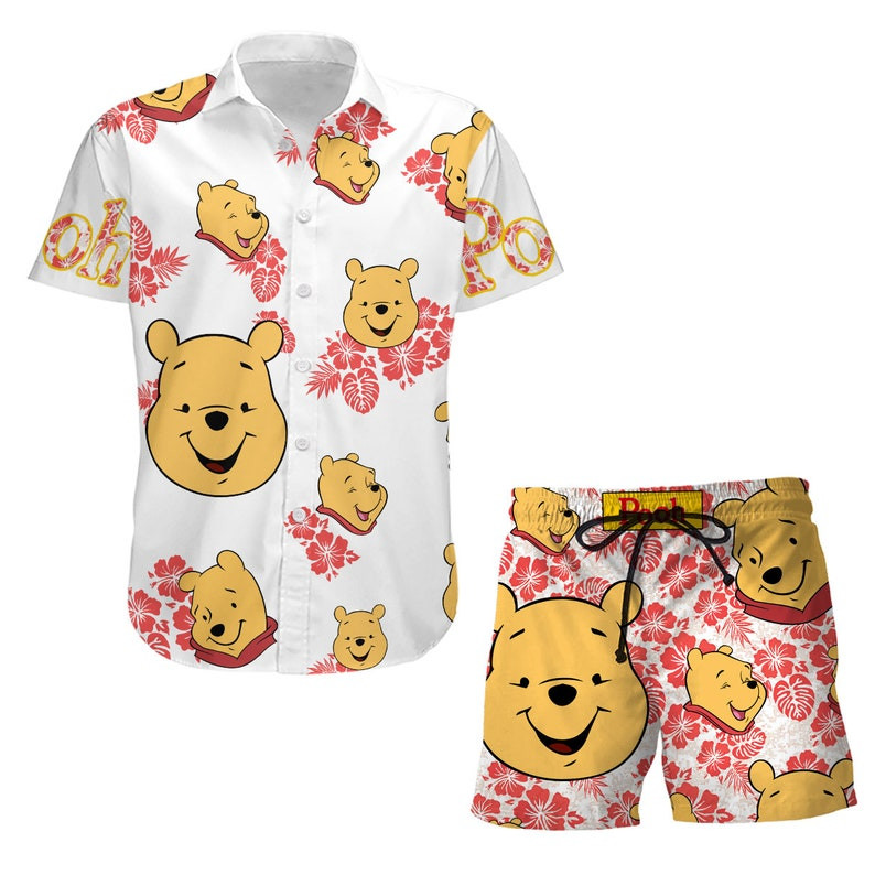 Winnie The Pooh Head Hibiscus Disney Cartoon Graphics All Over Print 3D Combo Hawaiian Shirt & Beach Shorts – White