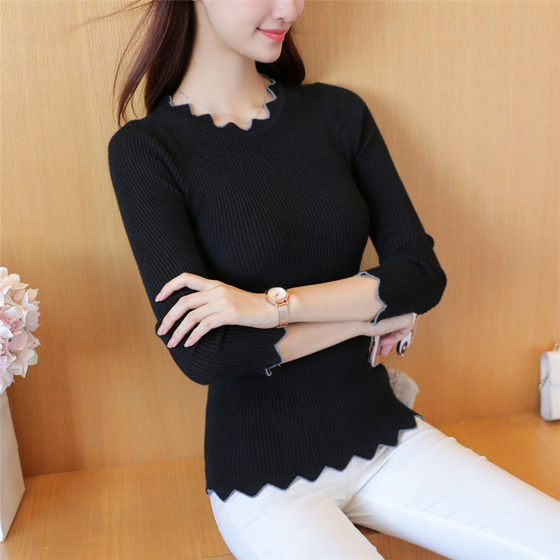 Spring and autumn new black and white inner knit long-sleeved sweater bottoming sweaters women slim tight lace collar alx