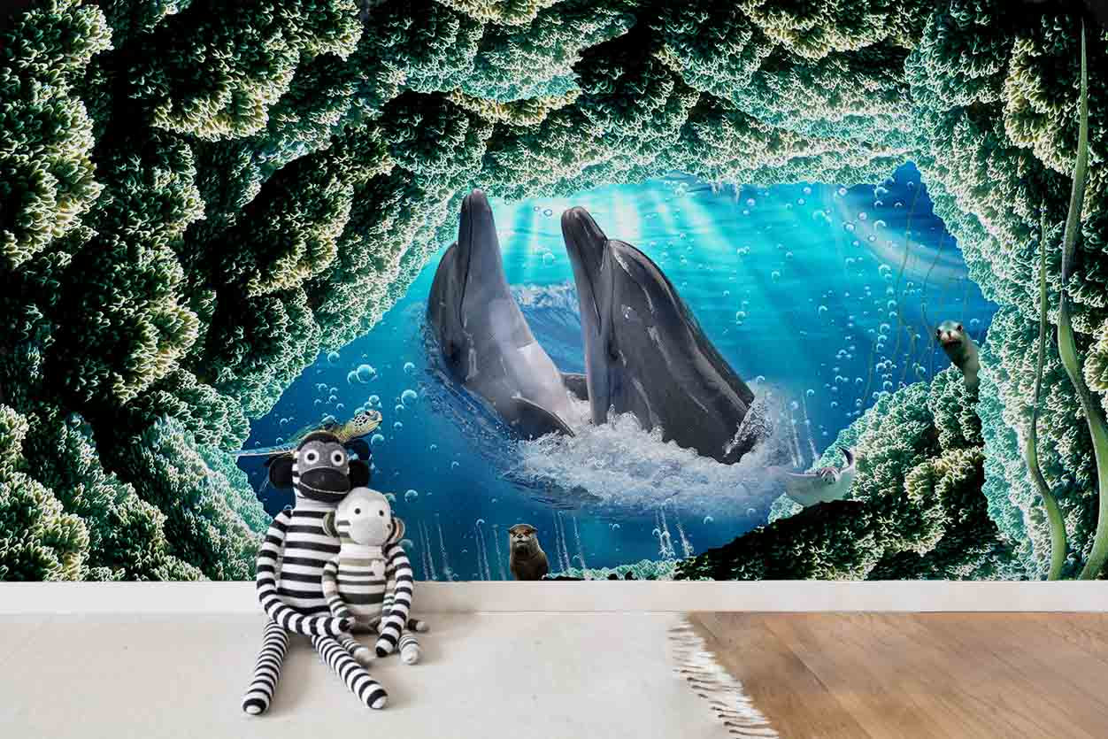 3D Dolphin Underwater World Wall Mural Wallpaper Lqh 29