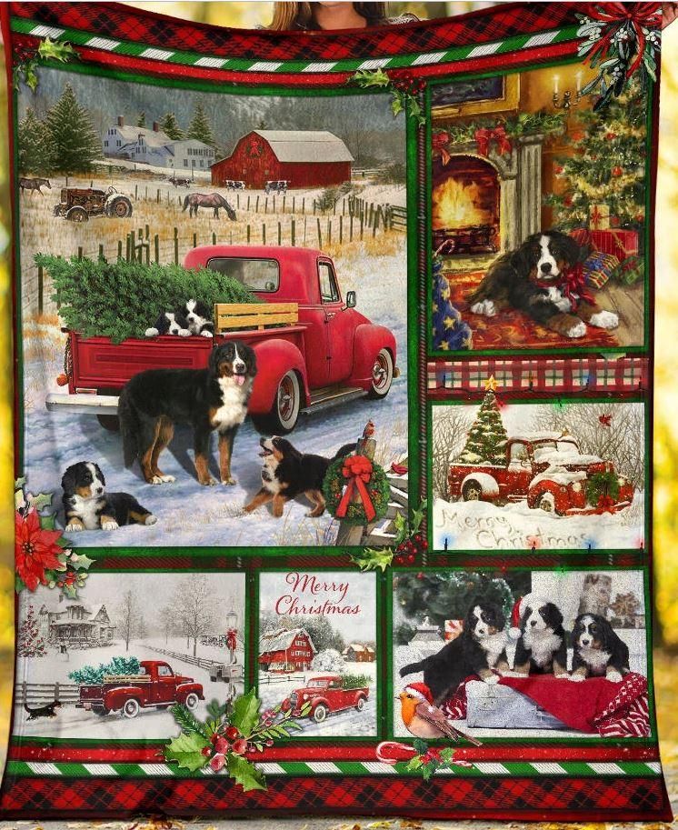 Bernese Mountain Dogs And Red Truck Fleece Blanket, Sherpa Blanket, Gift For Parent, Family Member, Friends Gift, Christmas Gift, Home Decor, Home Living