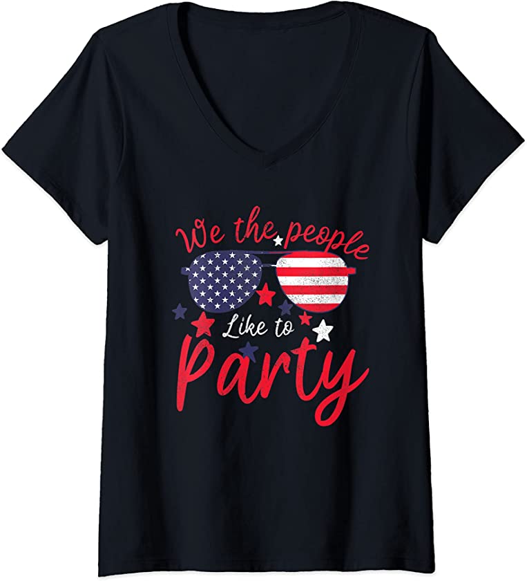 Womens Vintage American Flag 4th July We The People Like To Party V-Neck T-Shirt