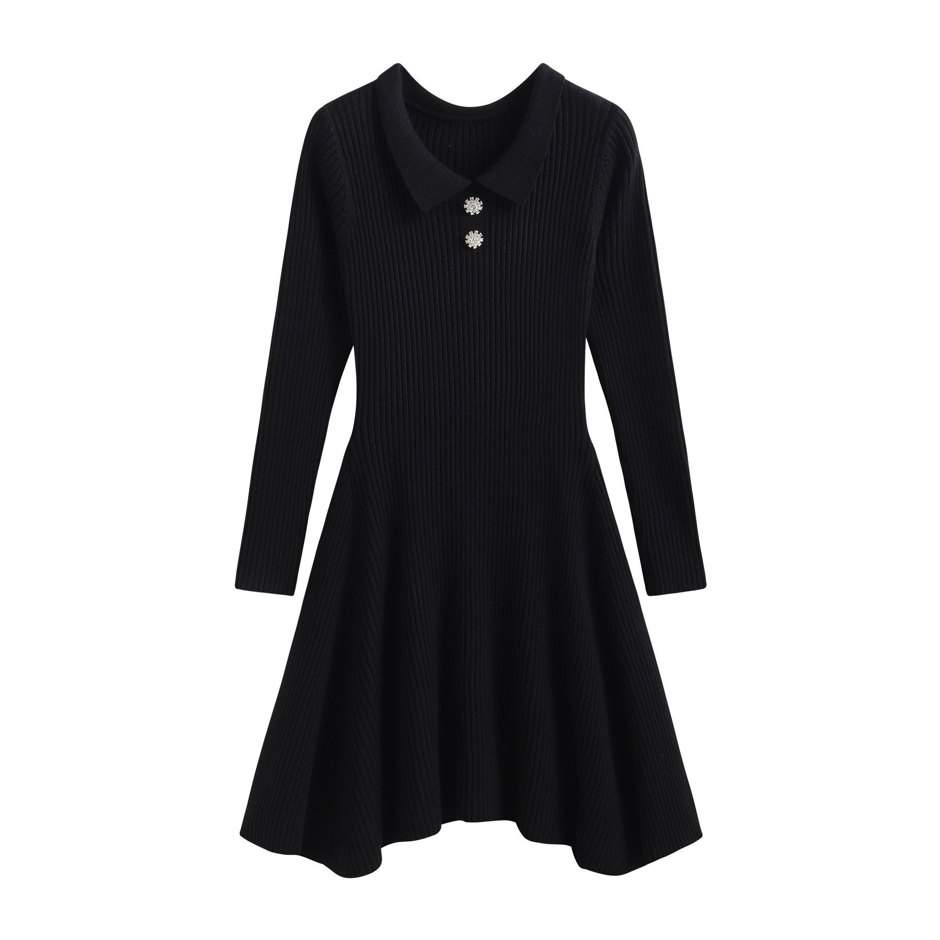 #1046 Black Beige Asymmetrical Knitted Dress Women Turn-down Collar Office Short Sweater Drees Female Elegant A-line High Waist alx