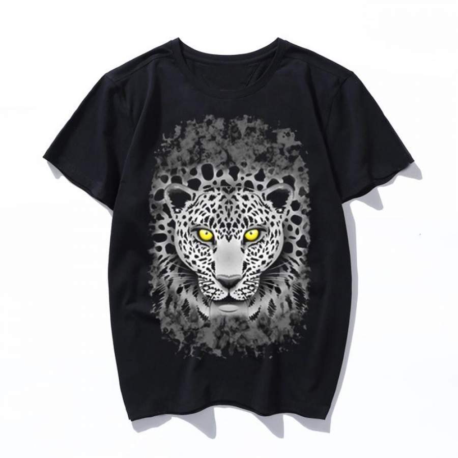 White Leopard With Yellow Eyes Japanese Fashion New Large Size Loose Ulzzang Female T-Shirt Summer Male Short-Sleeved Cute Fun Print Cartoon O-Neck