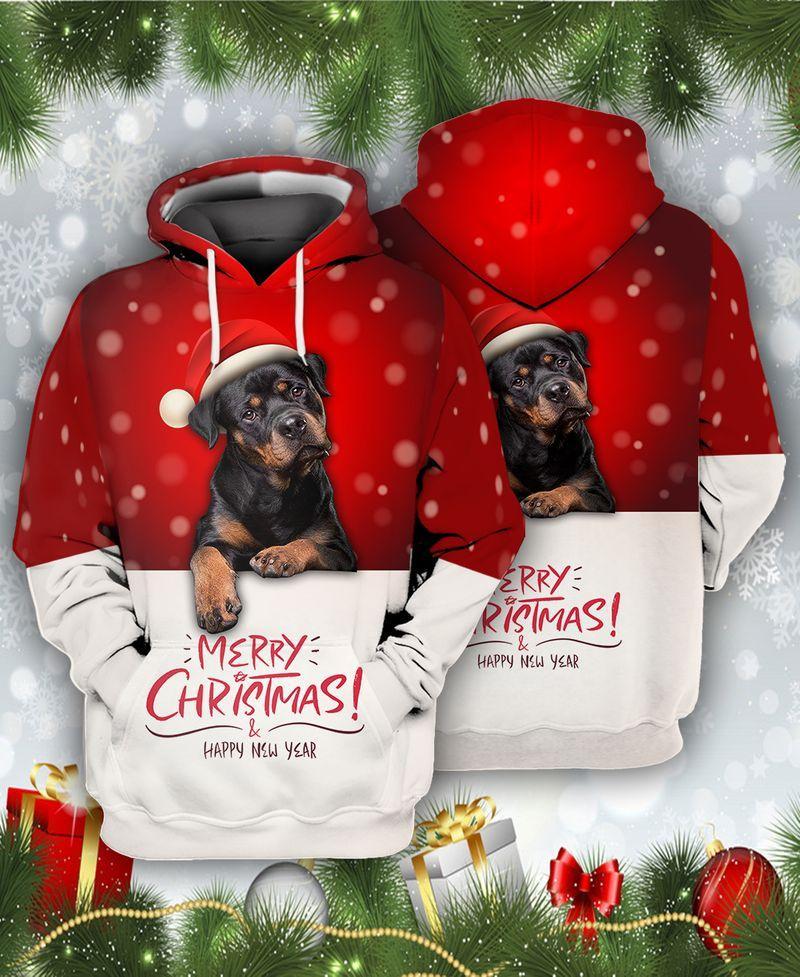 3D Rottweiler With Santa Hat Shirts Gift For Christmas Holiday 3D Hoodie