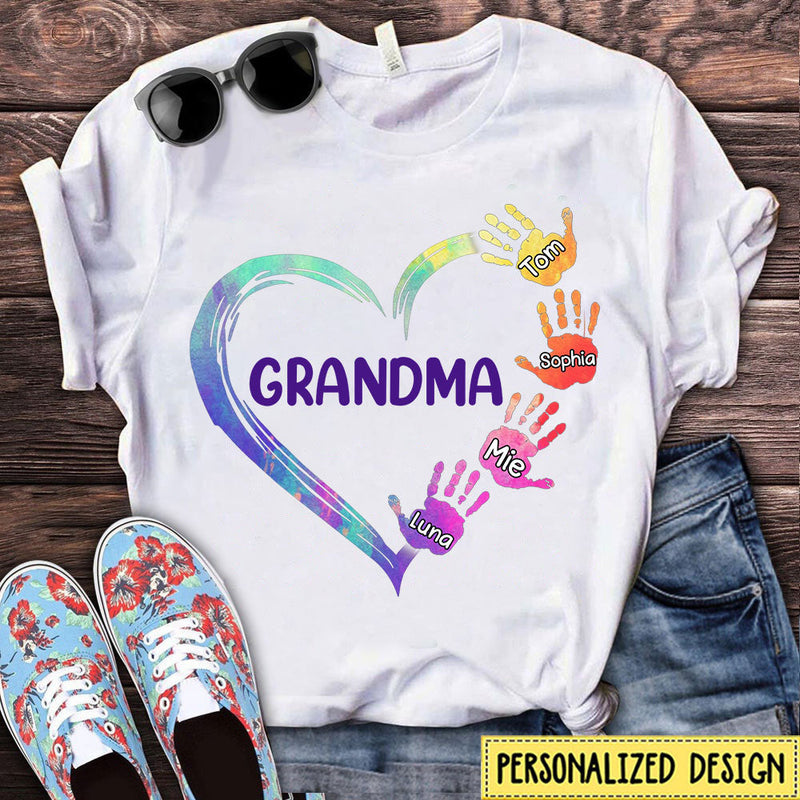 Color Grandma Mom Personalized Hand Prints Heart Shirt