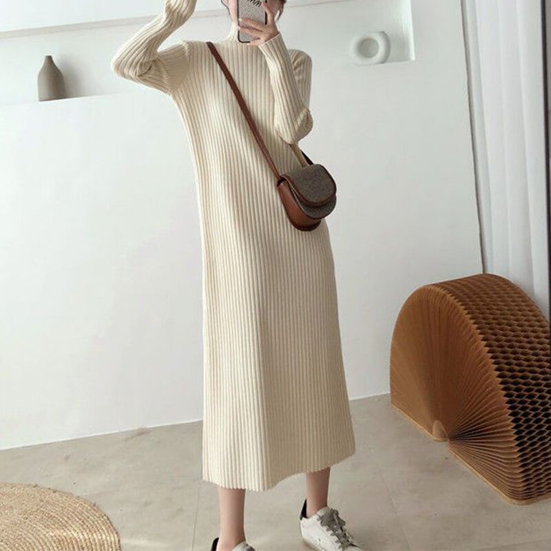 Autumn Turtleneck Warm Korean Vintage Loose Knee Pregnant Woman Dresses Solid Straight Long Sleeve Commute Knitted Winter Dress alx