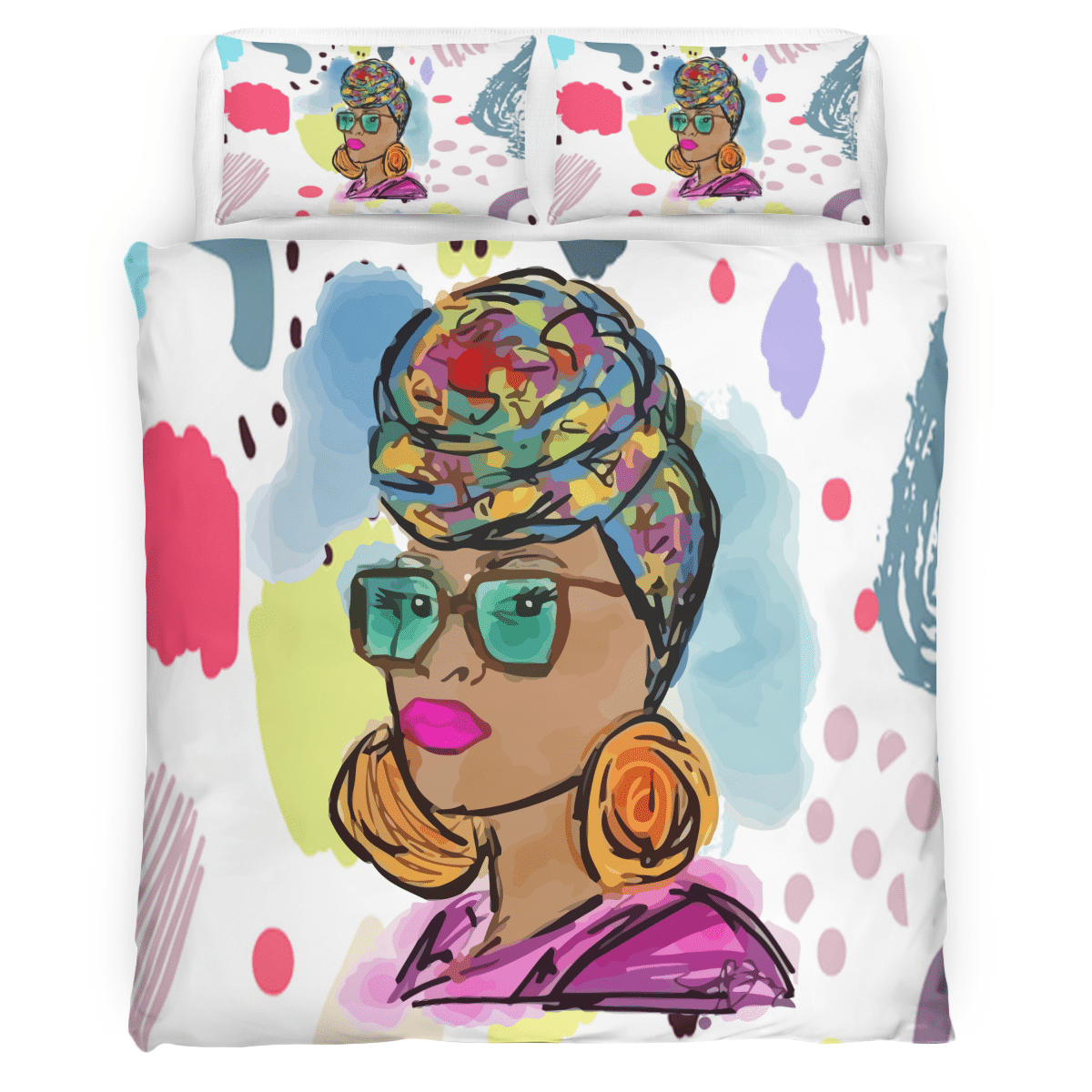 African American Bedding Set All Over Print Black Woman Headwrap Africa Bedding Set