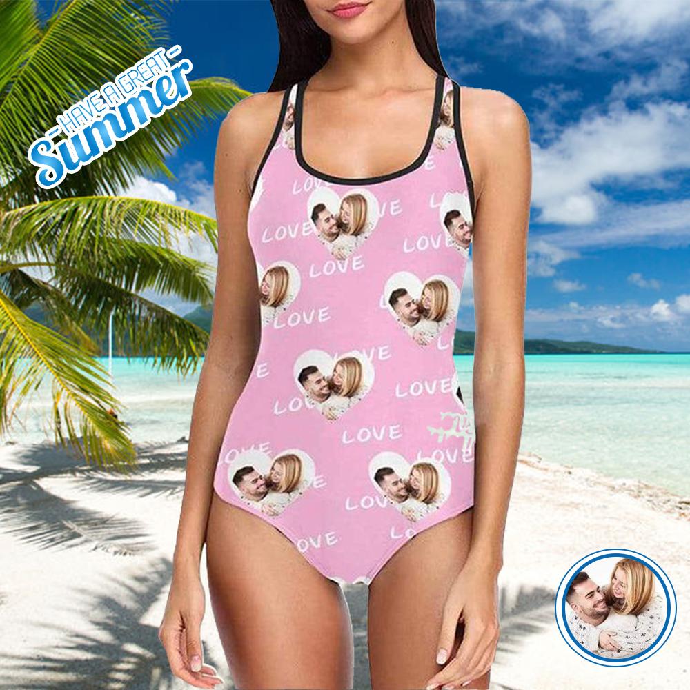 Custom Photo Couple Pink Heart Women’S Tank Top Bathing Swimsuit