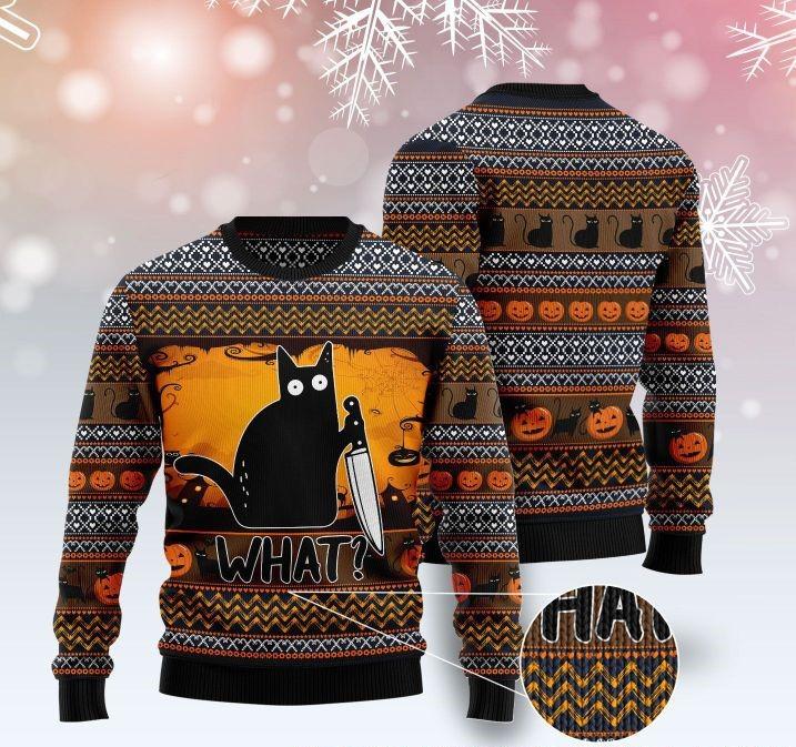 Cat What Murderous Black Cat With Knife Ugly Christmas Sweater | For Men & Women | Adult | Us6191