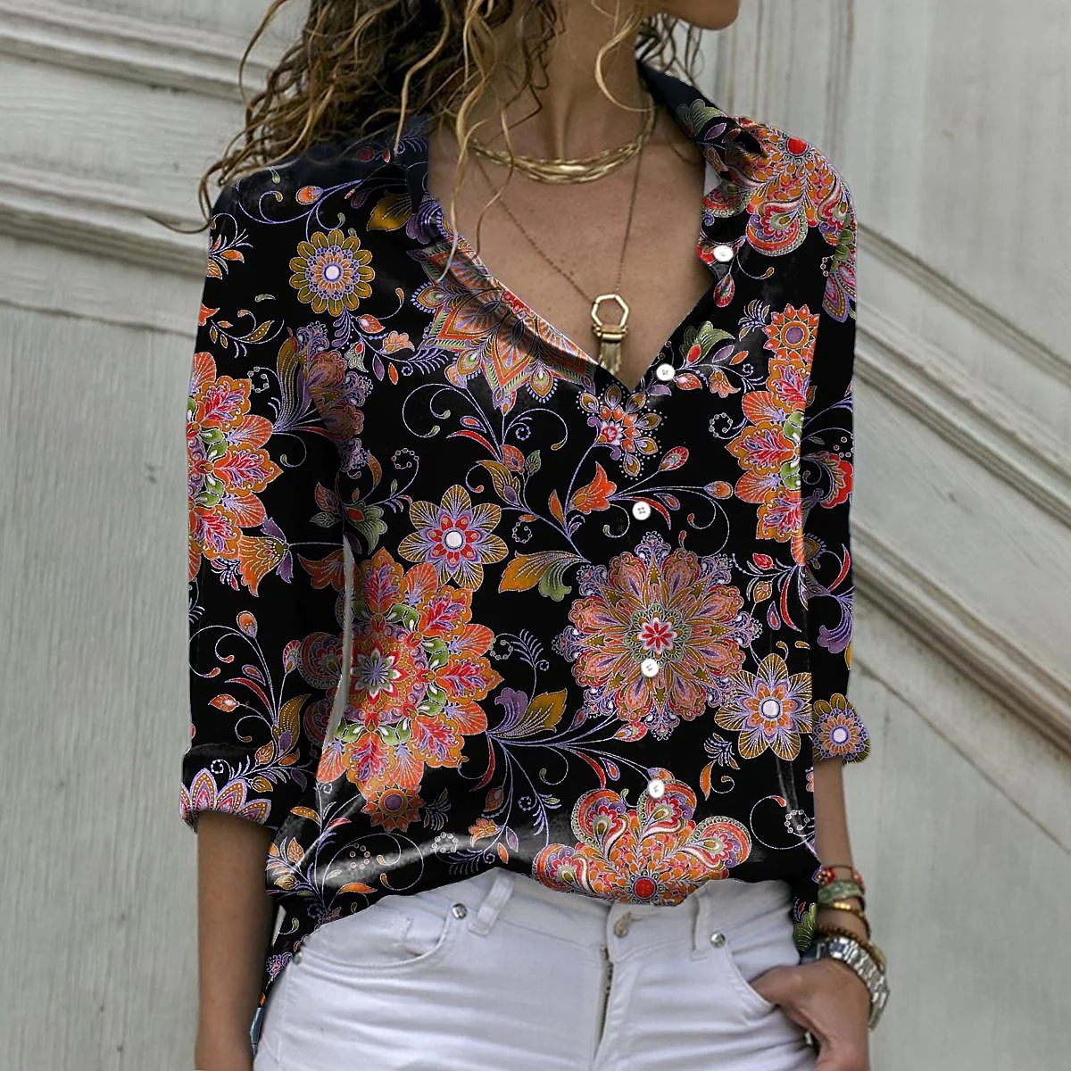 2022 Autumn Winter Women V-neck Loose Shirt Daily Street Sexy Button Fashion Casual Tops Elegance Clothes Floral Print Shirt alx