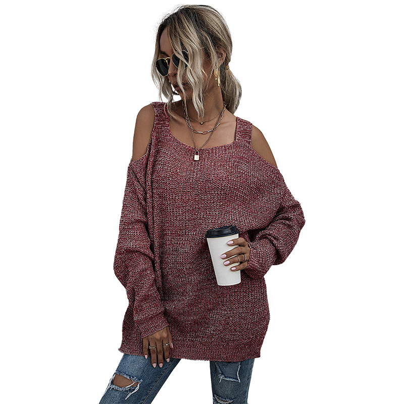 Women's Autumn Lightweight Loose Knit Cold Shoulder Sweater Khaki Pullovers Shirt Female Long Sleeve Tops Streetwear Y2K Jumpers alx