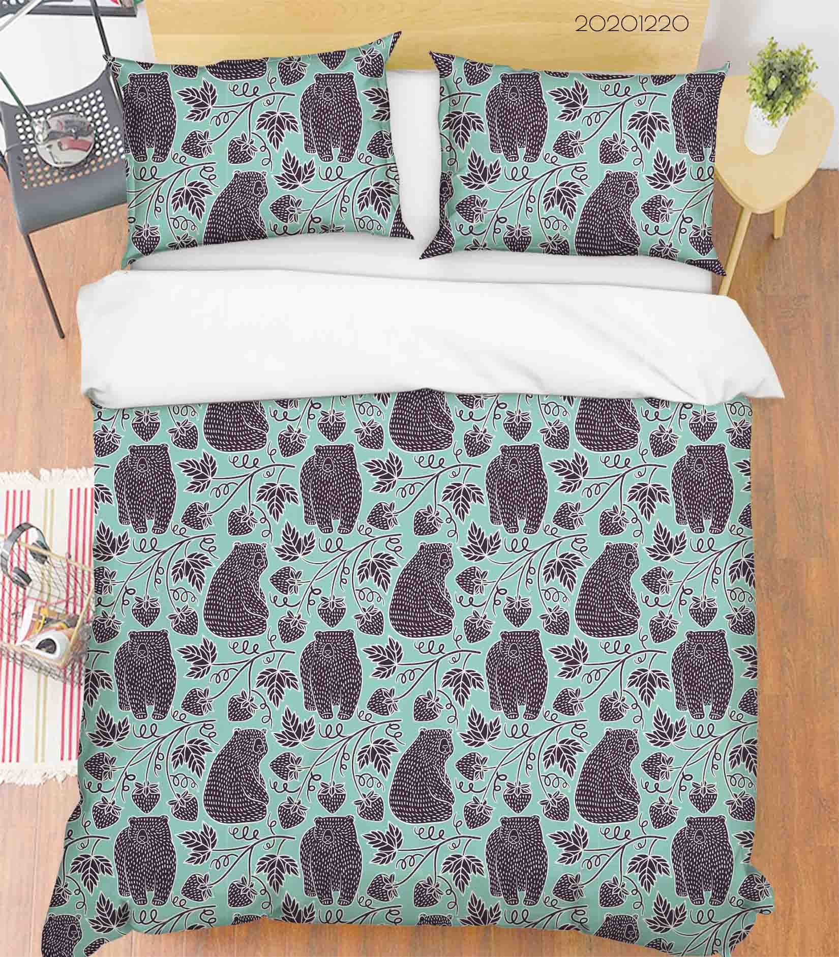 3D Hand Drawn Animal Bear Floral Leaf Quilt Cover Set Bedding Set Duvet Cover Pillowcases 28