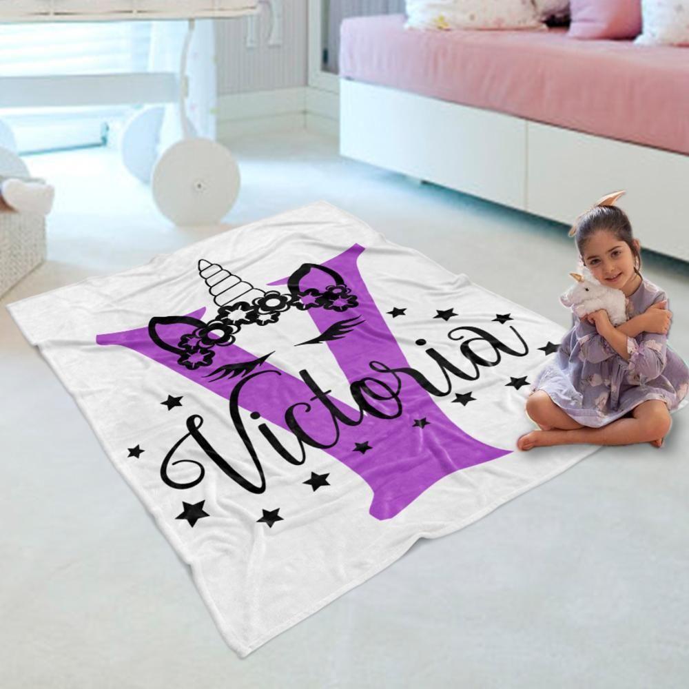 Victoria Purple Unicorn Custom Text Name Printed Fleece Blanket