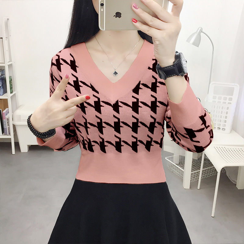 Women’s Knitted Sweater FallWinter Slim Long Sleeve Top Student Short T-shirt alx