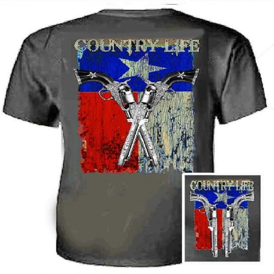 Country Life Outfitters Texas  Flag Guns Vintage Unisex Gray Bright T Shirt