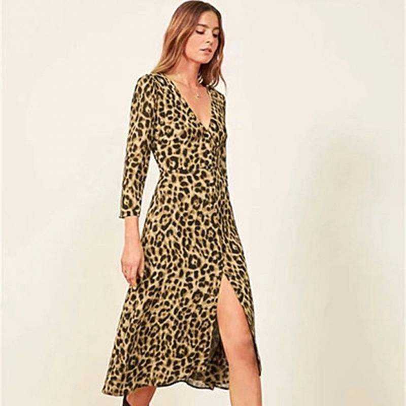 Print Casual Long Sleeve V Neck A-line Long Leopard Dresses