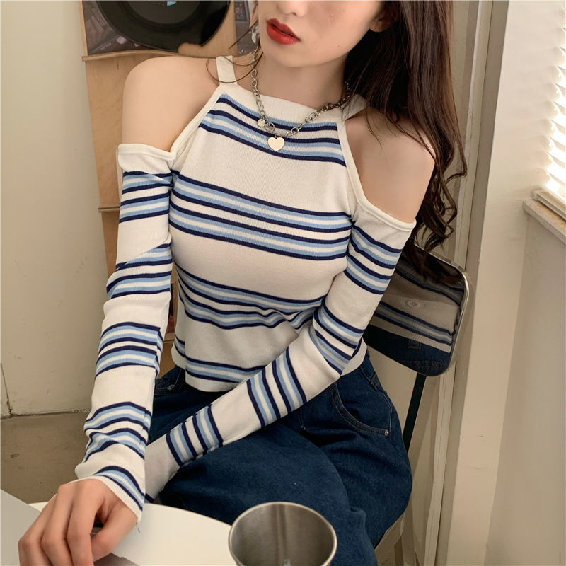 Woman Sweaters Striped Knitwear T-shirt Women’s Season 2020 off-the-Shoulder Top Femme Chandails Pull Hiver alx