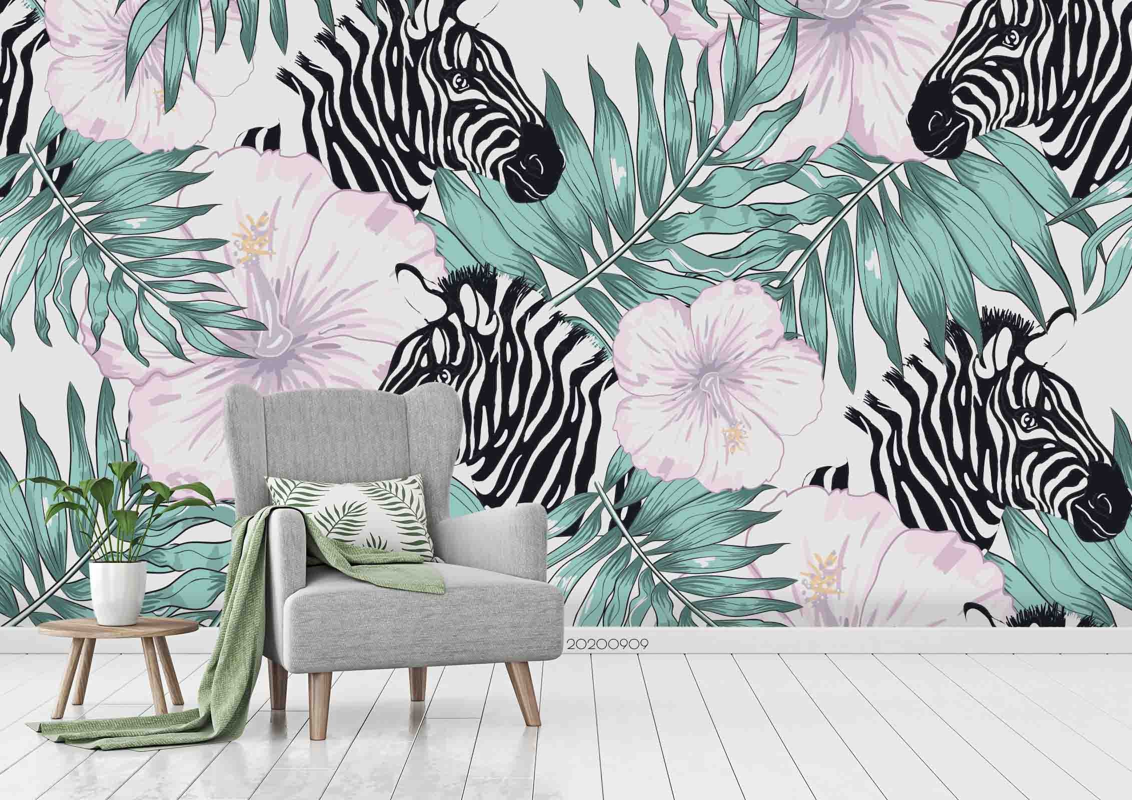 3D Cartoon Zebra Animal Green Leaves Pink Floral Wall Mural Wallpaper Lxl 865