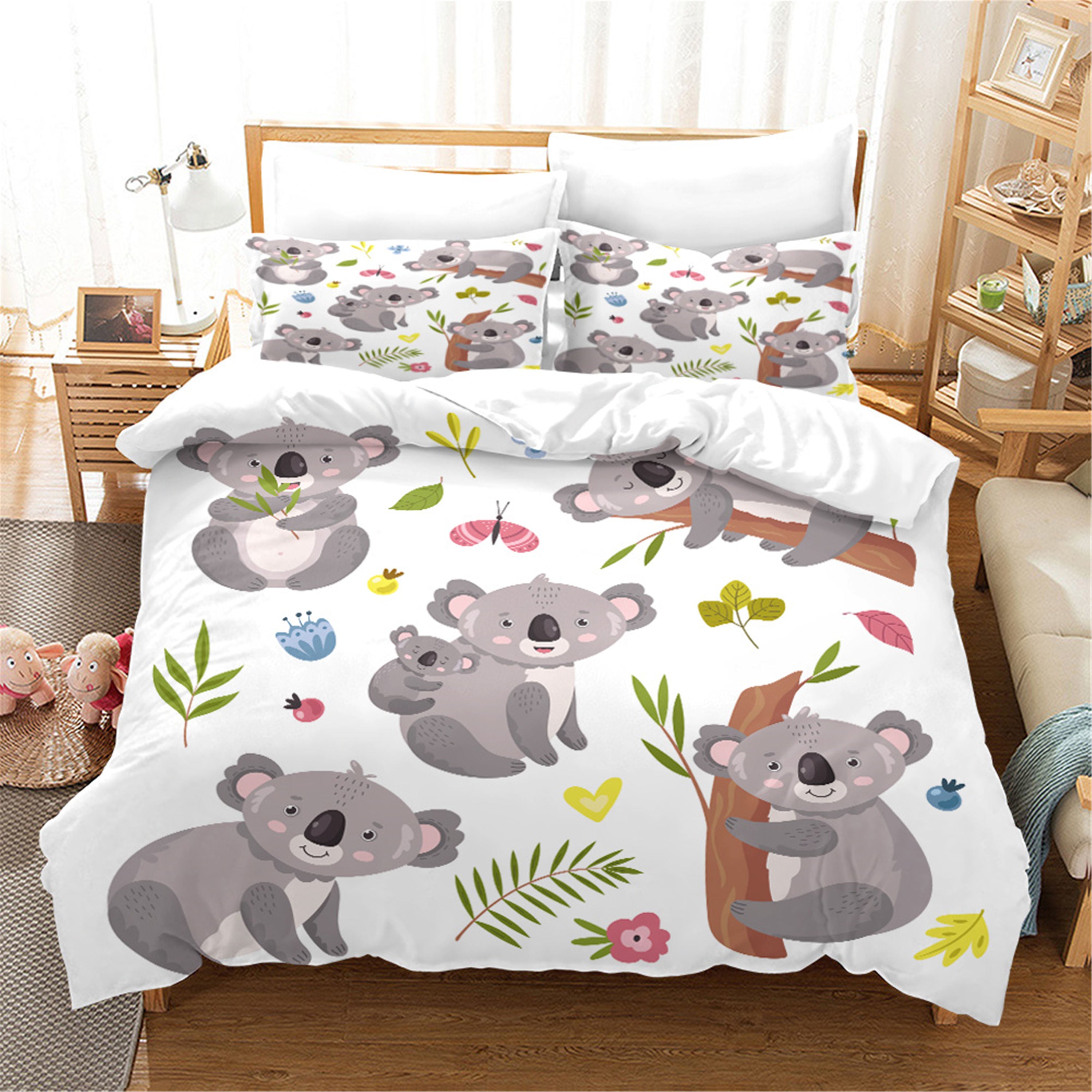 3D Cartoon Animal Koala Green Leaf Quilt Cover Set Bedding Set Duvet Cover Pillowcases 5