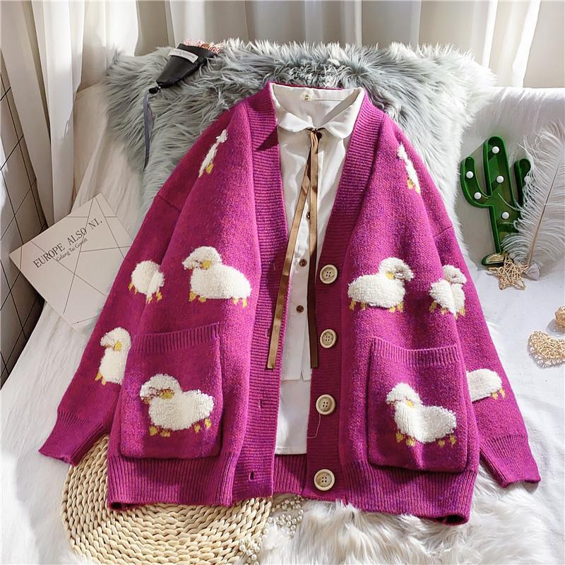 Vangull Winter Knitting Women Sweater Cute Cartoon Printting Female Cardigan Loose Streetwear V Neck long Sleeve Sweater Coat alx