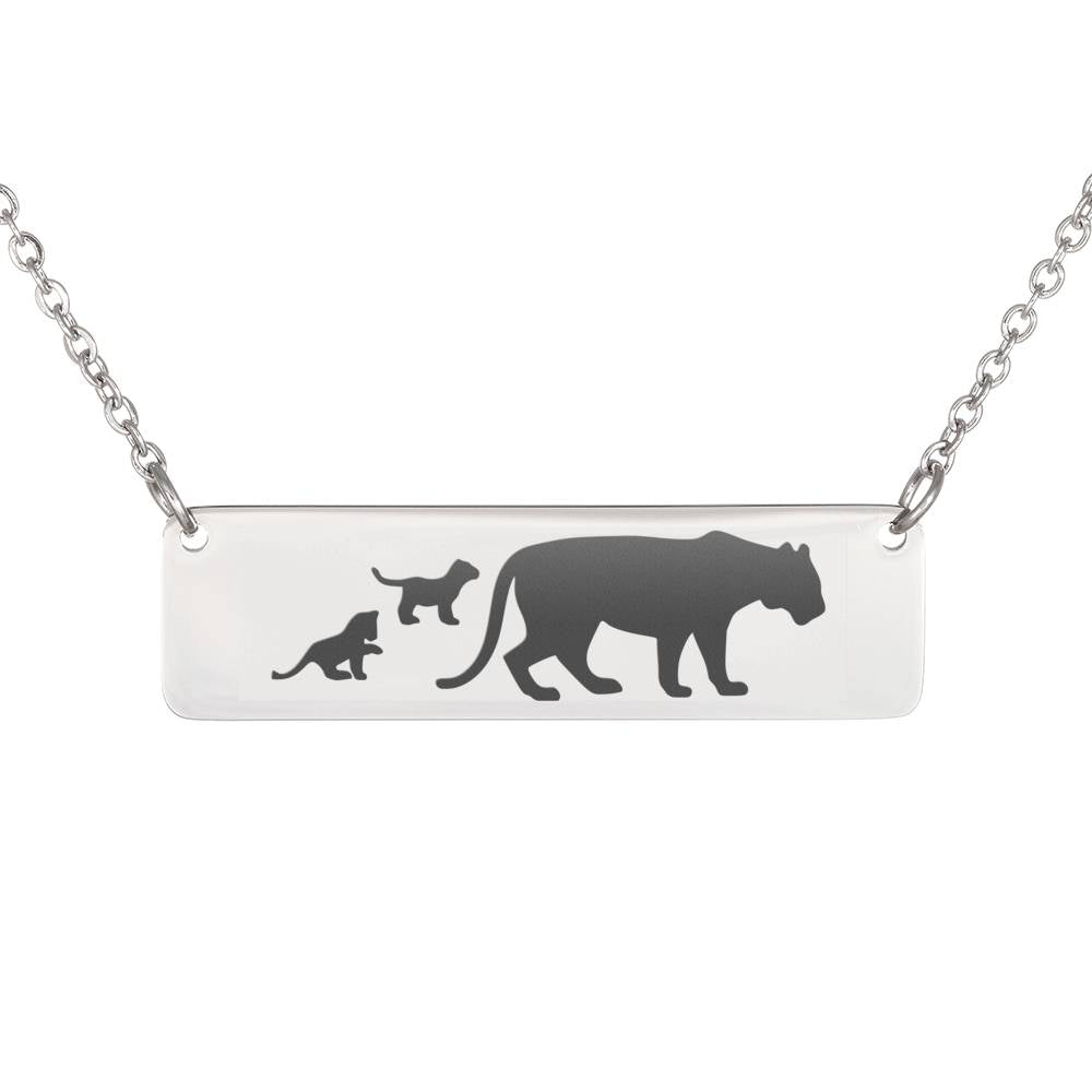 Animal Mom And Baby Necklace – Lion Pendant – Horizontal Bar Necklace – Engraved Animal Necklace (2 Cubs)