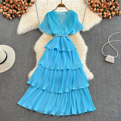 Summer Beach Long Dress Women Elegant V-Neck Short Sleeve Cascading Ruffles Big Swing Vestidos Female Red/Green/Pink Maxi Robe alx