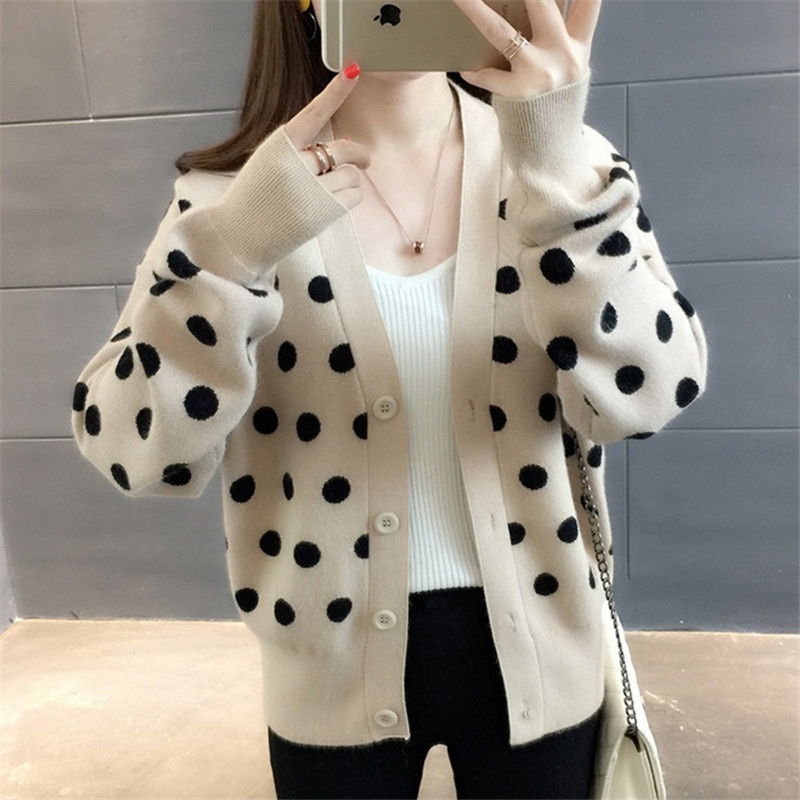 Spring Autumn Korean Loose Dot Print Sweater Women Short Knitted Cardigan Red Black V-Neck Long Sleeve Knit Jacket Coat Female alx