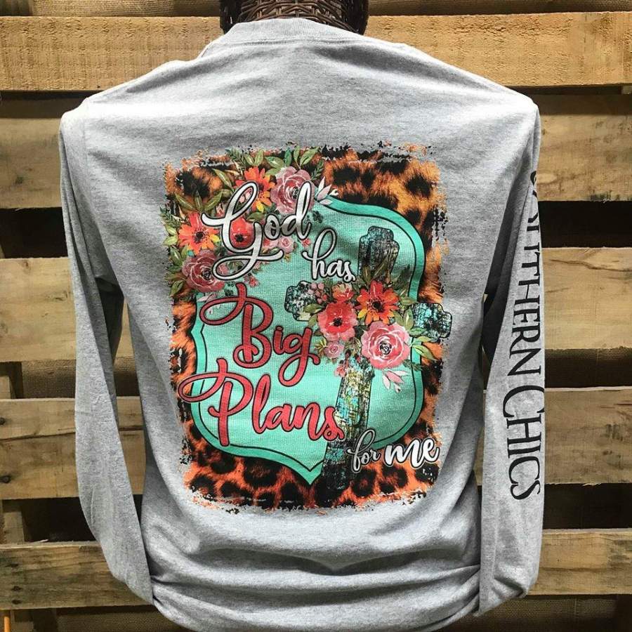 Southern Chics God has Big Plans for Me Leopard Cross Girlie Long Sleeve Bright T Shirt