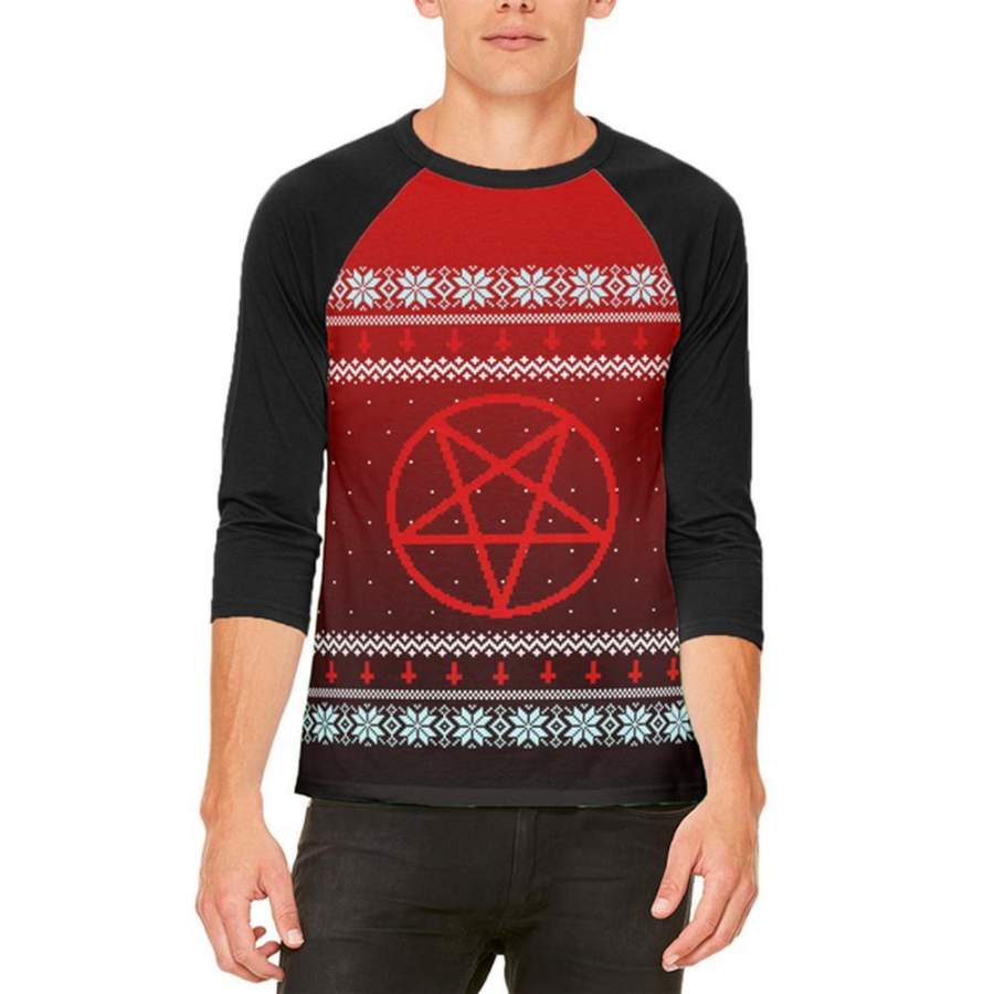 Ugly Christmas Sweater Red Black Pentagram Ombre Mens Raglan T Shirt