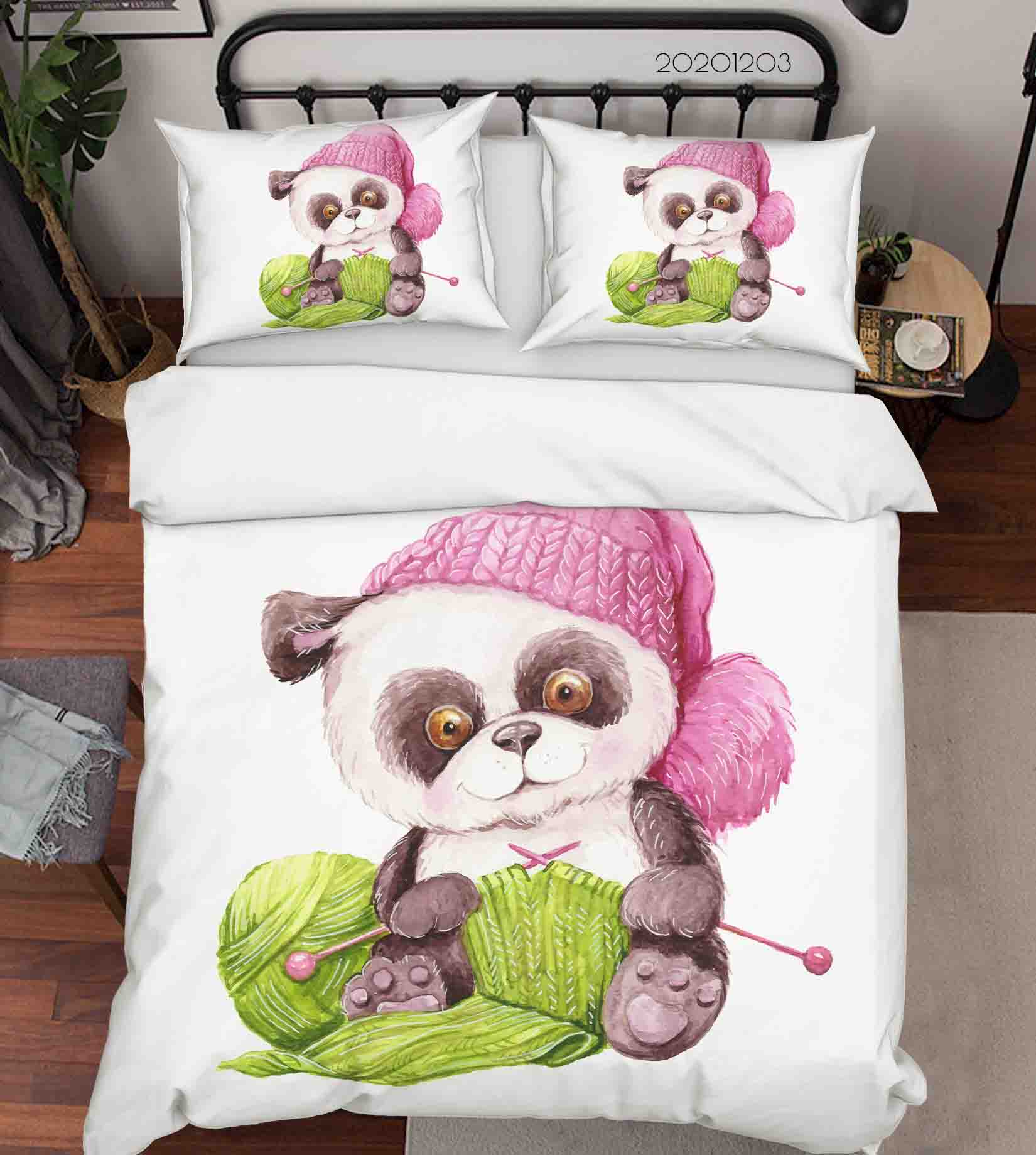 3D Cartoon Hand Drawn Pink Wool Cap Green Knitting Panda Animal Quilt Cover Set Bedding Set Duvet Cover Pillowcases Lxl